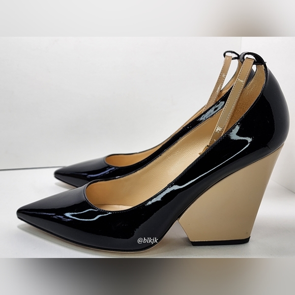 kate spade Prince Black/Powder Patent Leather Strap Wedge Heels EUC Size 9 1/2 - Picture 7 of 16